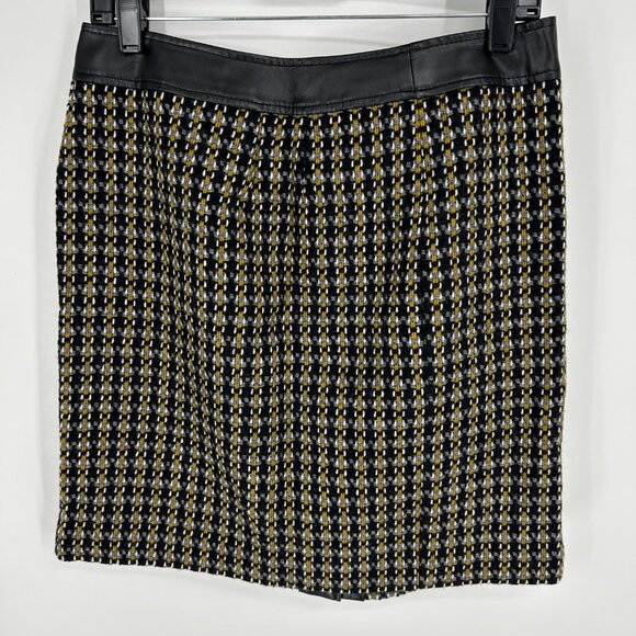 Talbots Plaid Mini Skirt 10P Wool Tweed Faux Leather Trim Black Brown Vintage - Picture 2 of 6
